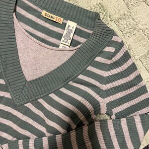 Y2K Vintage Stamp 10 Women's Long Sleeve Striped Top - Gray and Teal